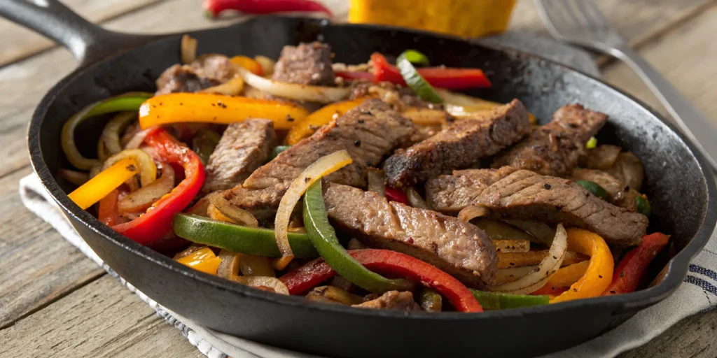 Best steak for fajitas cooking in a cast iron skillet with bell peppers and onions