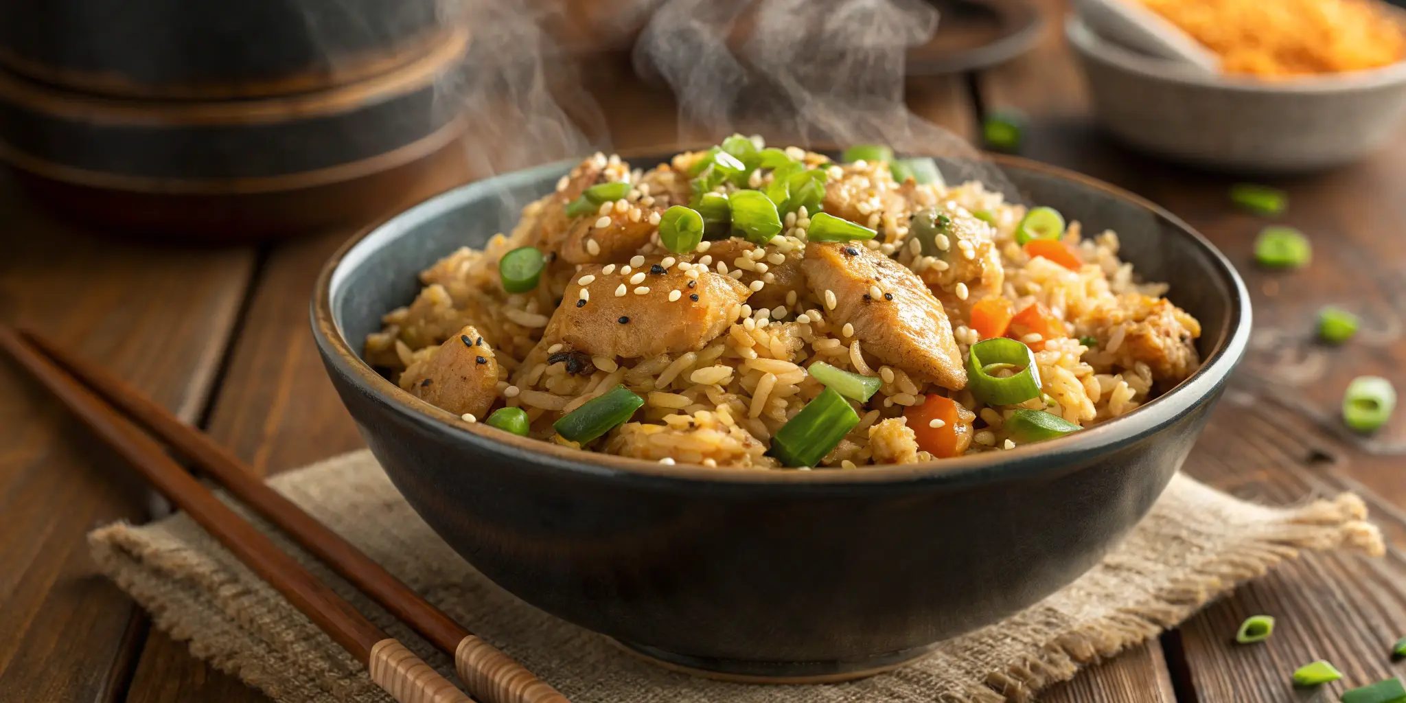 Bowl of easy chicken fried rice garnished with green onions and sesame seeds