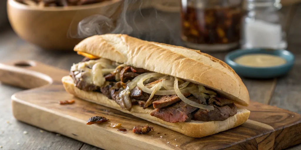 Juicy classic Philly steak sub with melted provolone and caramelized onions - Steak Sub