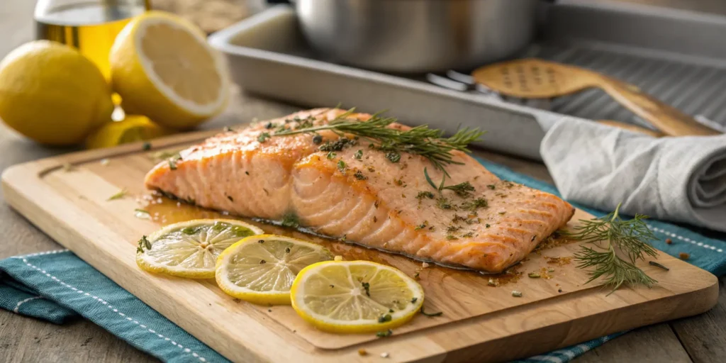 Juicy salmon oven baked fillet garnished with lemon and dill