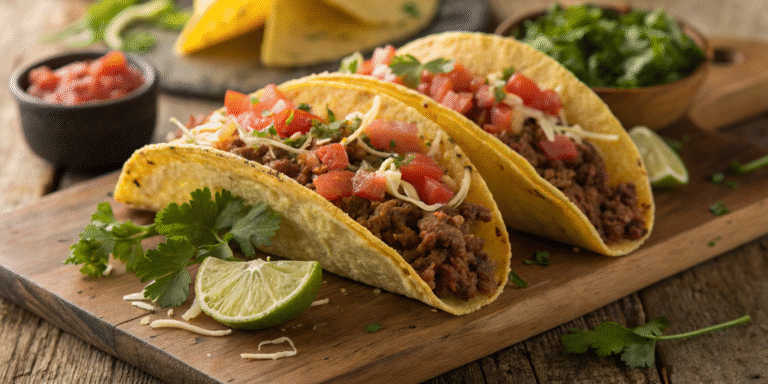 Fresh homemade tacos with seasoned ground beef and salsa
