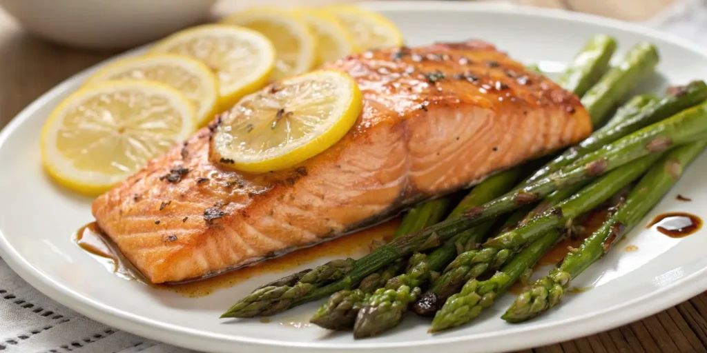 Maple glazed salmon fillet served on a white plate with roasted asparagus