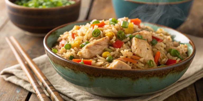 Chicken fried rice recipe easy served in a rustic bowl with fresh vegetables