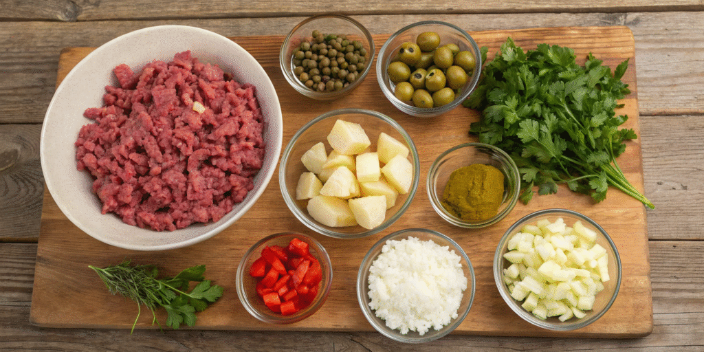 Key ingredients for picadillo recipe Mexican laid out on wooden surface