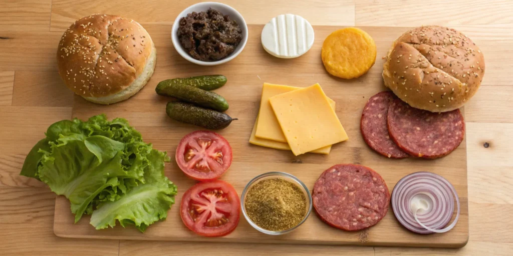 Ingredients for grilled hamburger recipe arranged on wooden surface