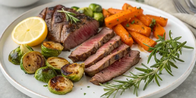 Healthy beef meals featuring grilled sirloin with roasted vegetables