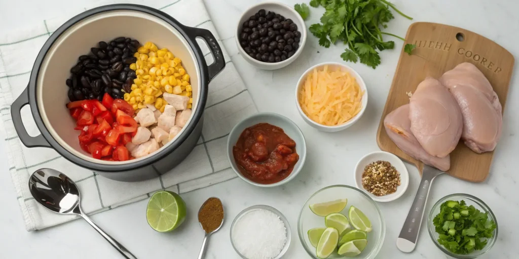 Fresh ingredients laid out for slow cooker chicken tortilla soup preparation