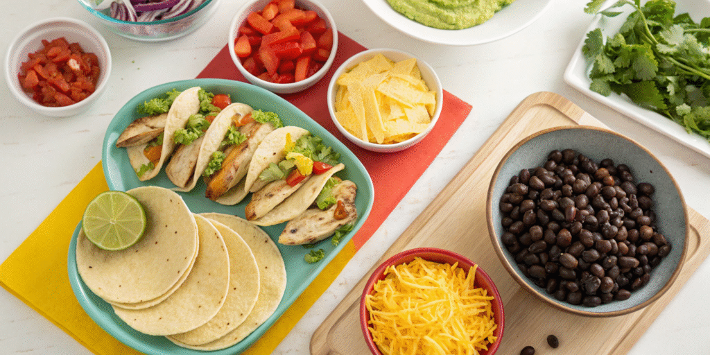 Homemade tacos assembly with tortillas and fresh toppings