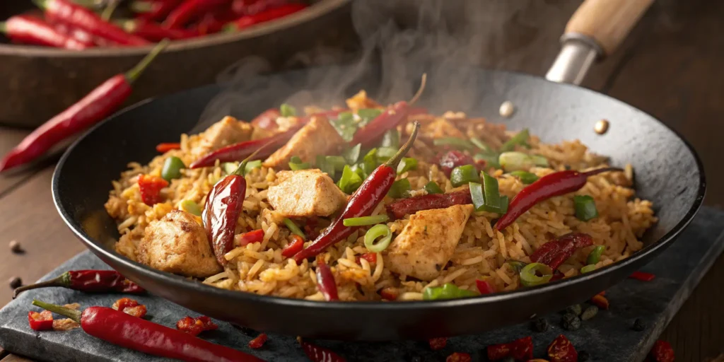 Spicy Szechuan chicken fried rice cooking in a wok with red chili peppers and scallions