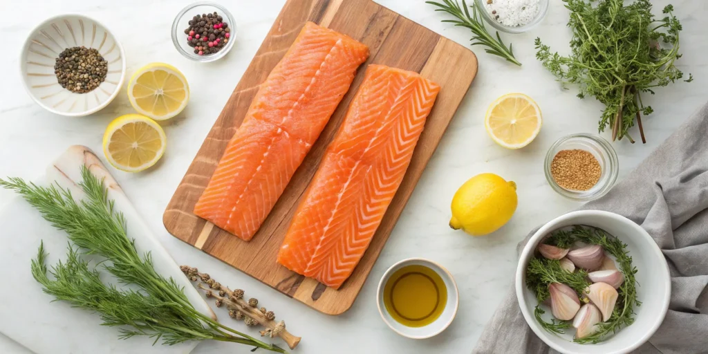 Ingredients for cedar plank salmon preparation laid out on a kitchen counter