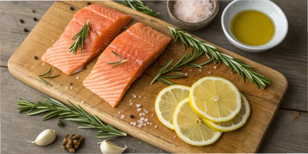 Ingredients for grilled salmon on plank cedar including fresh salmon, lemon, rosemary, and soaked cedar plank