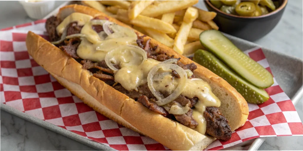 Philly cheesesteak with melted American cheese and caramelized onions overhead view
