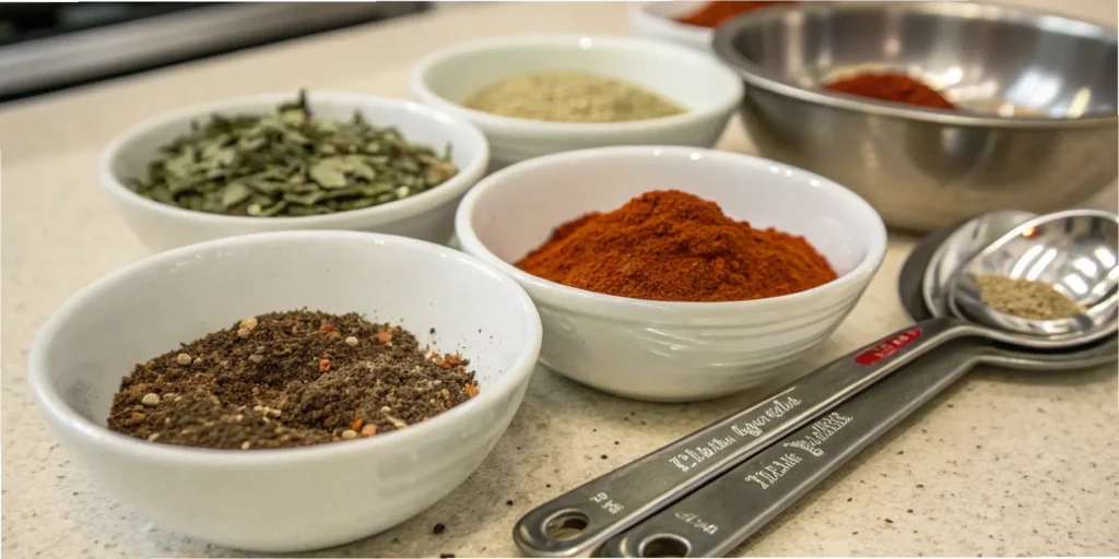 Mixing seasonings for chicken breakfast sausage recipe with spices and herbs