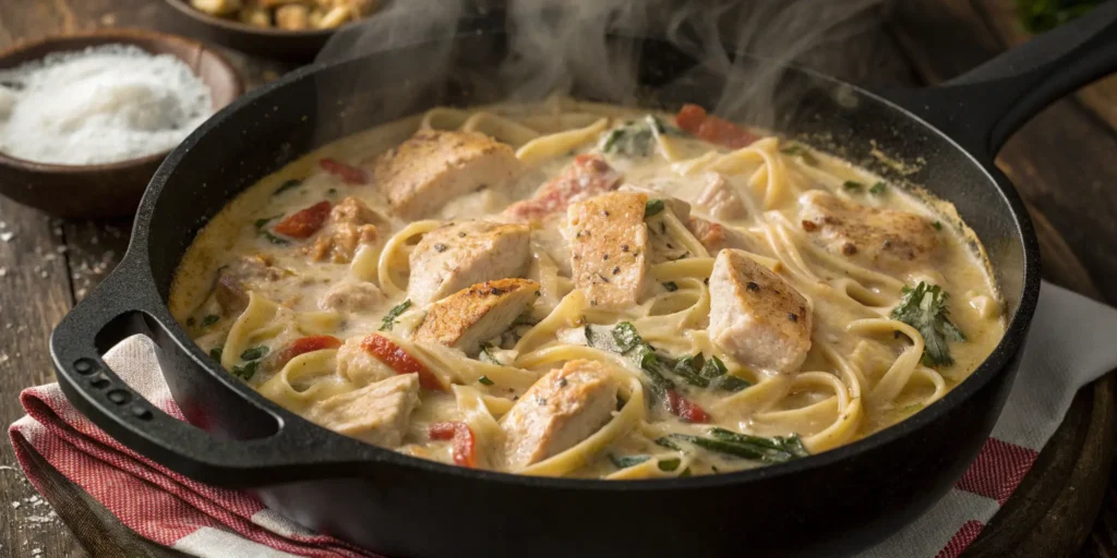 One-pot chicken alfredo recipes cooking in a skillet with creamy sauce
