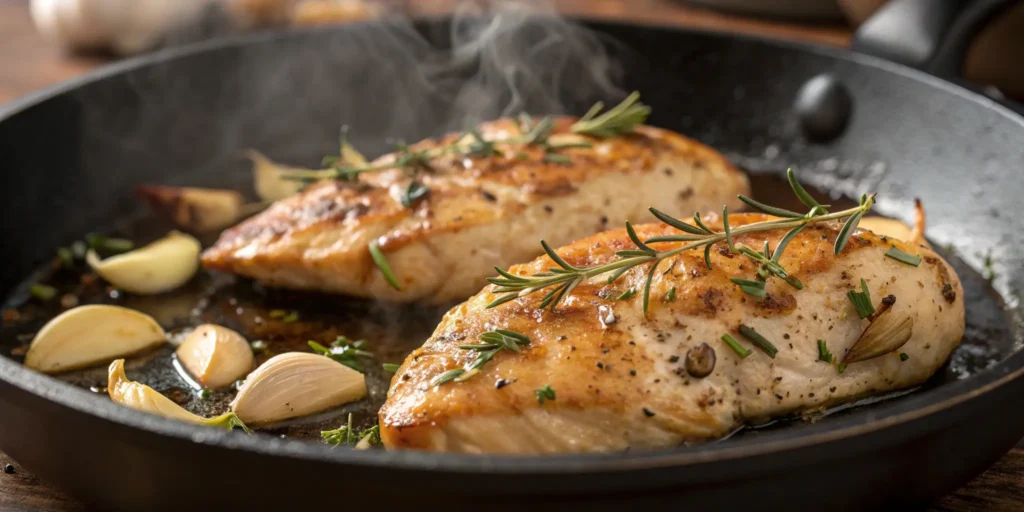 Cooking healthy chicken dinner recipes - chicken breasts sautéing with garlic and herbs