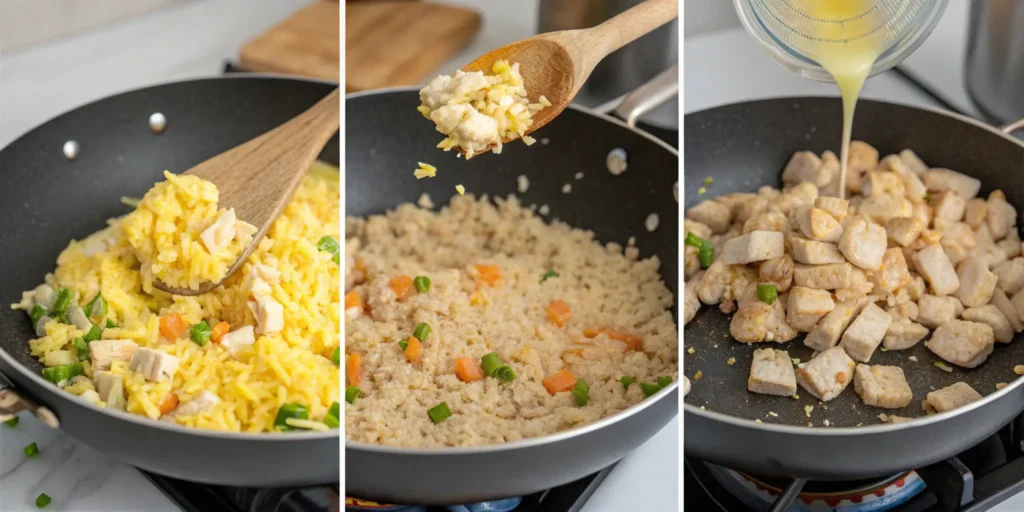 Cooking easy chicken fried rice with scrambled eggs and chicken in skillet
