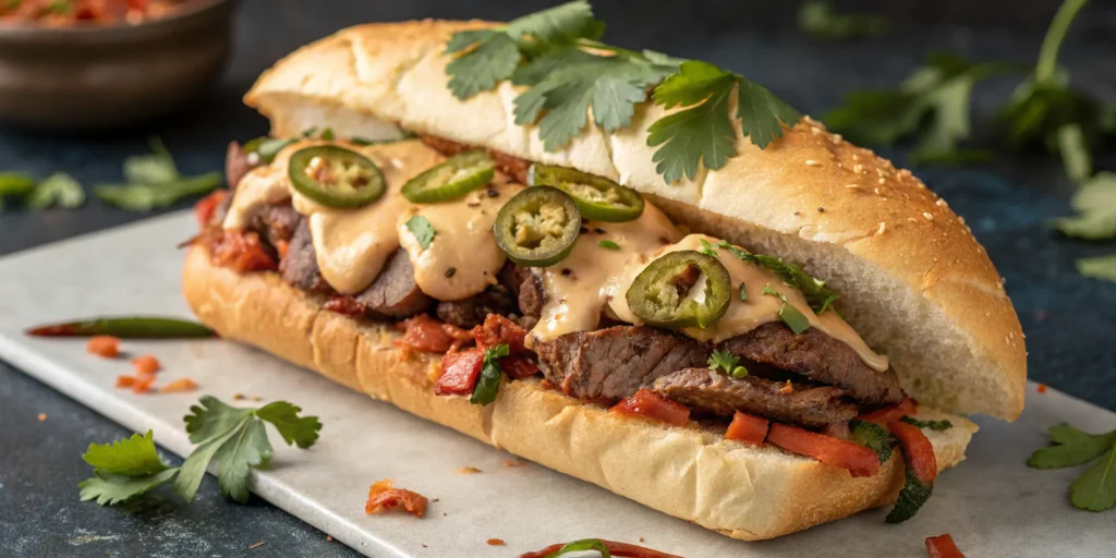 Spicy chipotle steak sub topped with pepper jack cheese and pickled jalapeños - Steak Sub