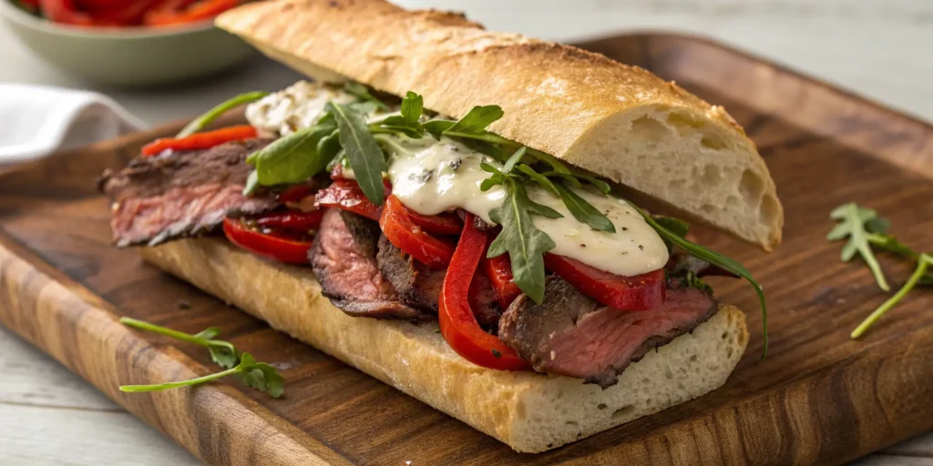 Tender sirloin steak sandwich on toasted baguette – best steak for steak sandwich