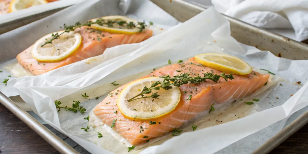 Salmon oven cooking in parchment paper with lemon and herbs
