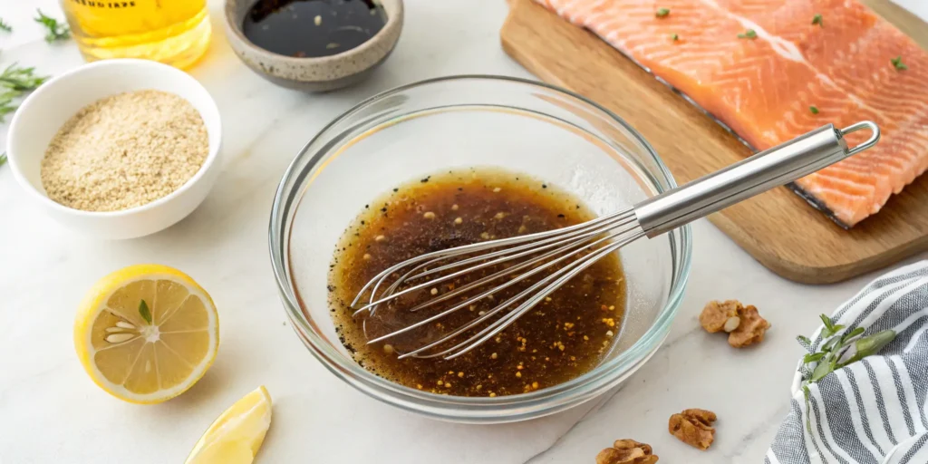 Mixing maple glaze ingredients in a bowl for maple glazed salmon