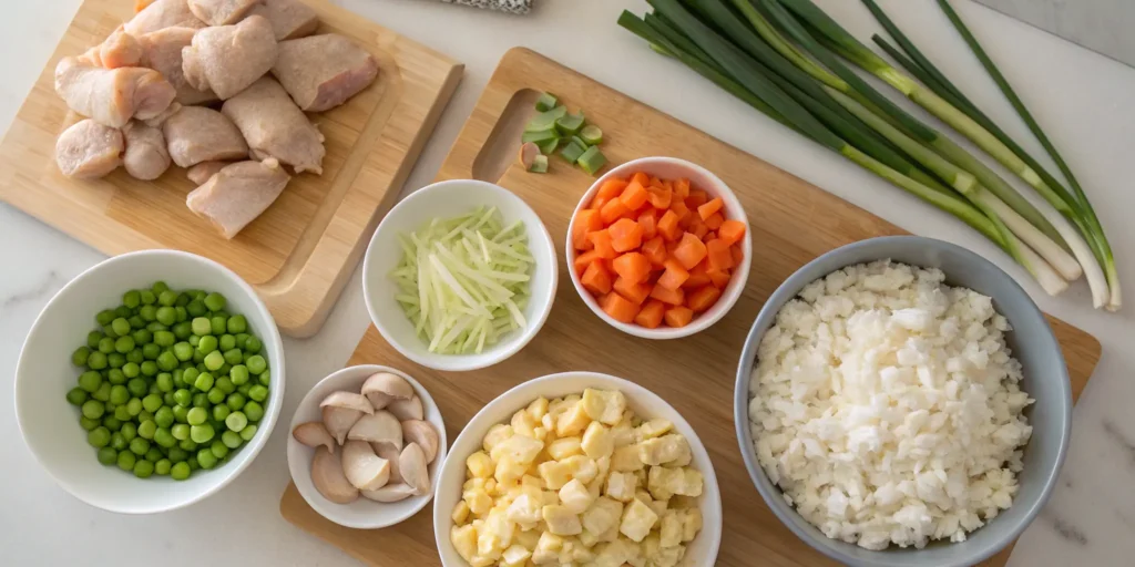 Fresh ingredients for chicken fried rice recipe easy prepped and ready to cook