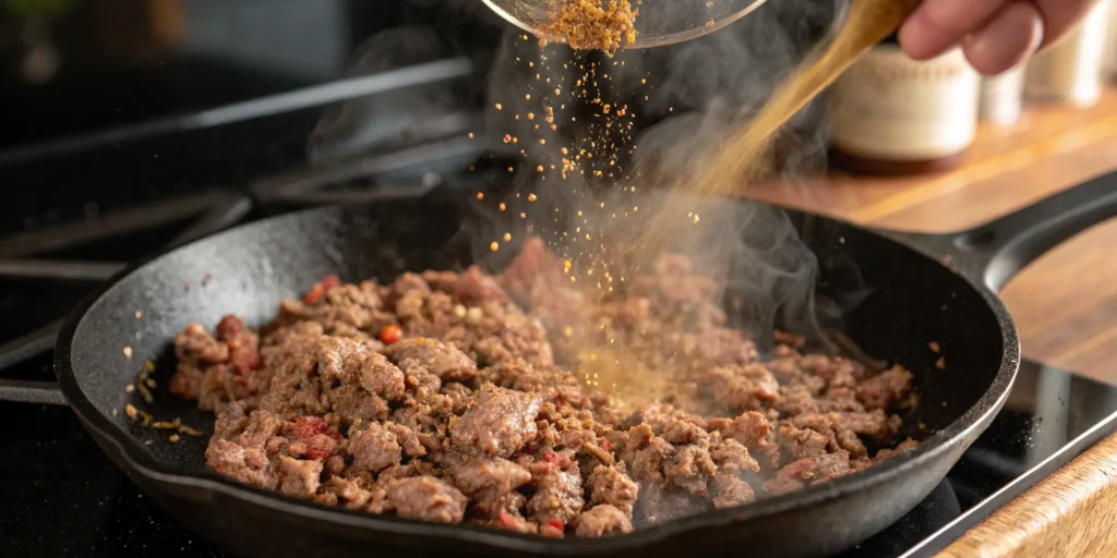 Browning taco recipe beef with spices in a cast iron skillet