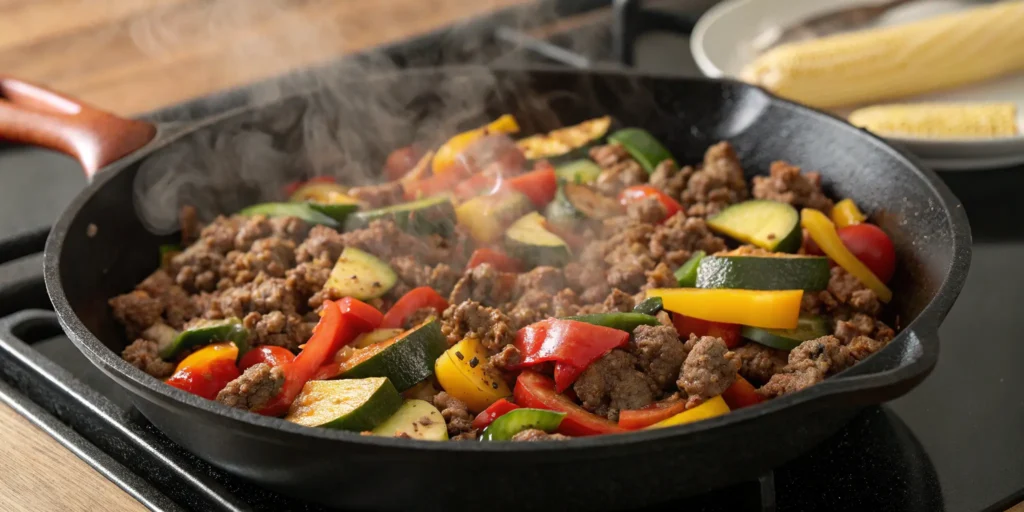 One-pot healthy beef meal made with lean ground beef and vegetables
