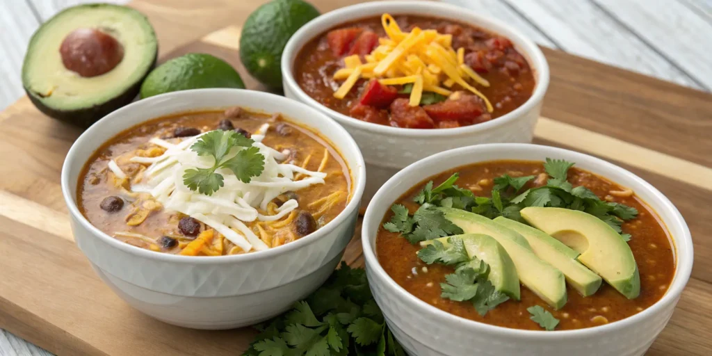 Three variations of slow cooker chicken tortilla soup including creamy, spicy chipotle, and vegetarian
