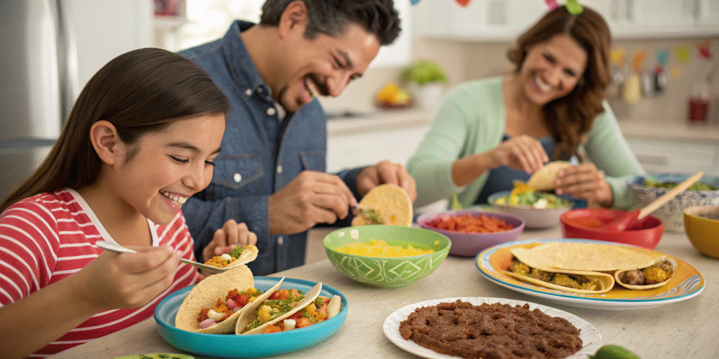 Family enjoying homemade tacos at dinner