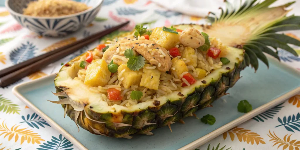 Pineapple chicken fried rice served in a pineapple shell garnished with sesame seeds and cilantro