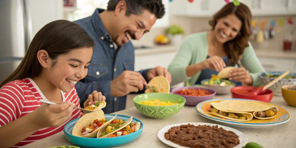 Family enjoying homemade tacos at dinner
