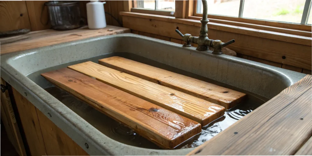 Cedar planks soaking in water before grilling cedar plank salmon