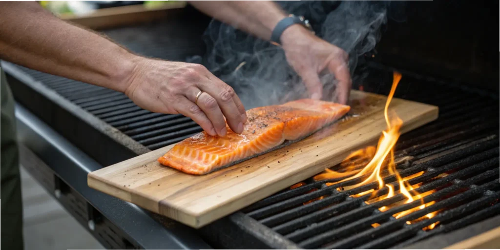 Placing grilled salmon on plank cedar onto preheated grill with smoke