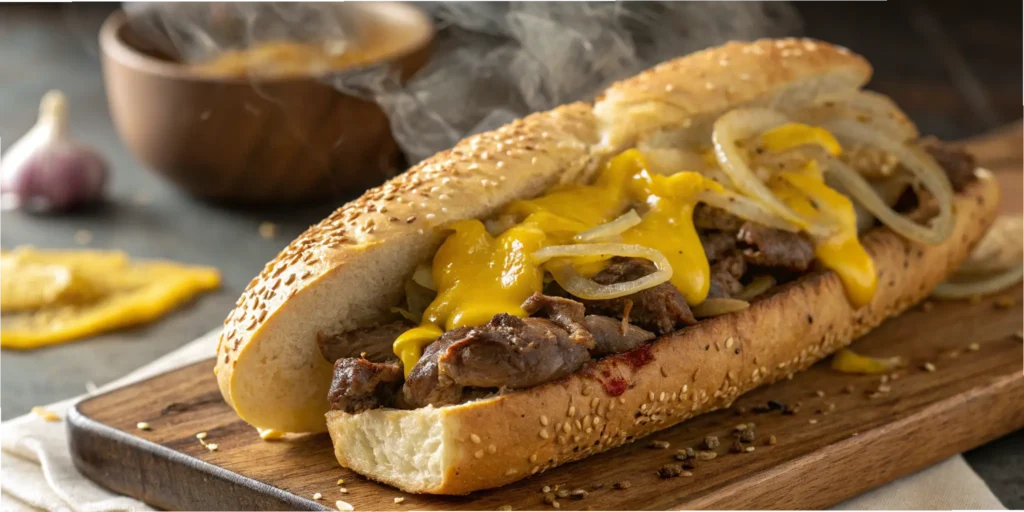 Philly cheesesteak with dripping Cheese Whiz over grilled steak and onions