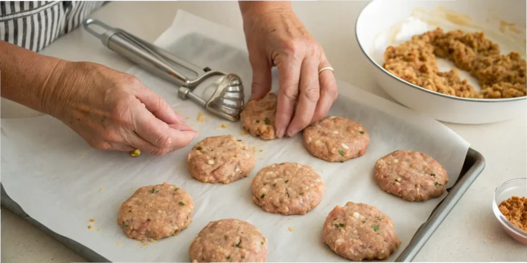 Shaping chicken breakfast sausage recipe patties by hand on parchment paper