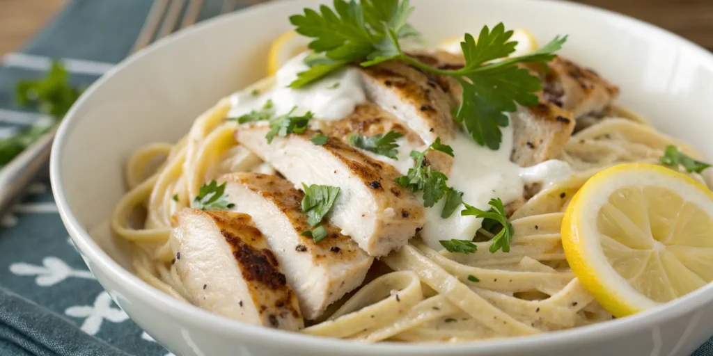 Healthy chicken alfredo recipes with grilled chicken and Greek yogurt sauce