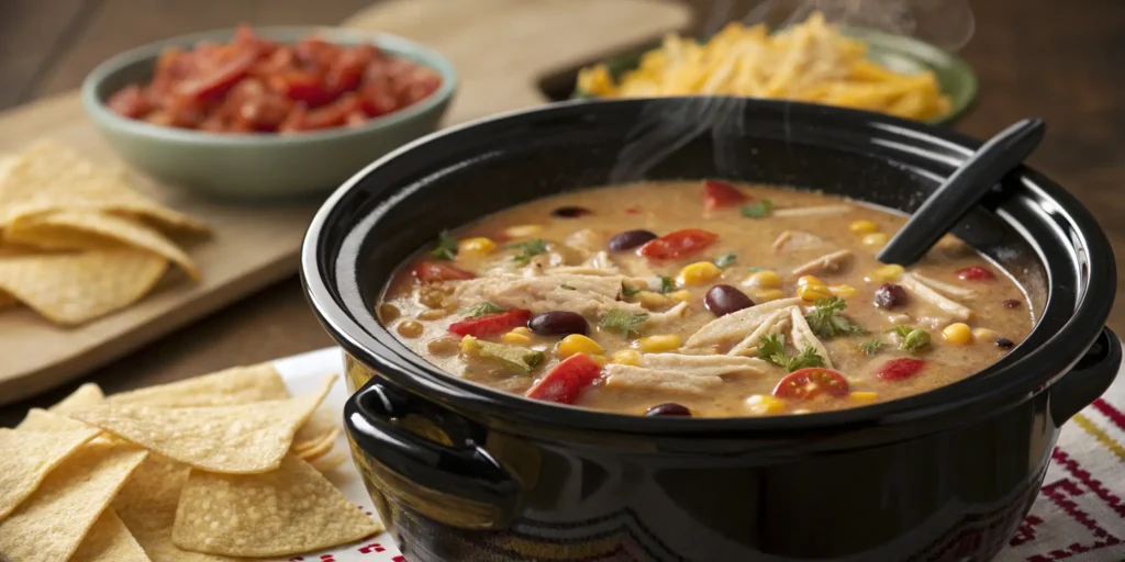 Slow cooker creamy chicken tortilla soup with fresh ingredients