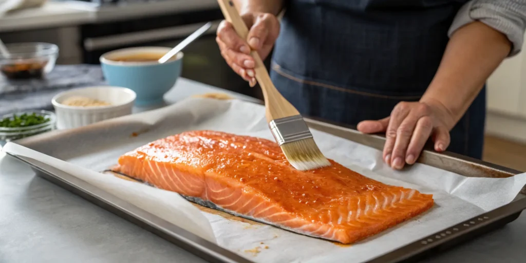 Brushing glaze onto salmon before baking