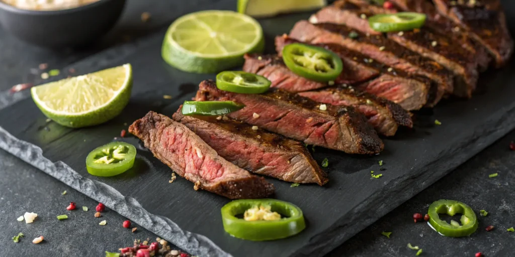 Hanger steak fajita strips sliced against grain with lime and jalapeños, best steak for fajitas