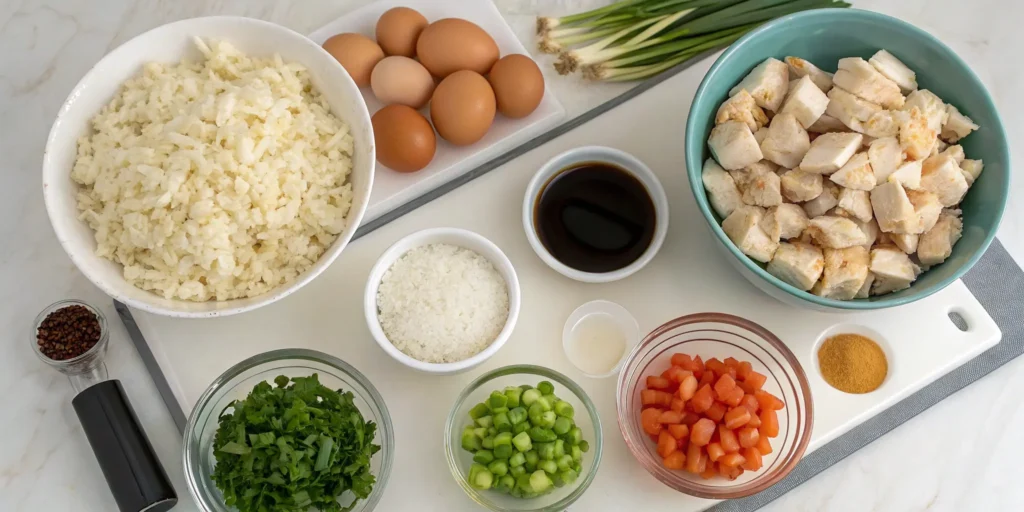 Ingredients for easy chicken fried rice laid out on kitchen counter