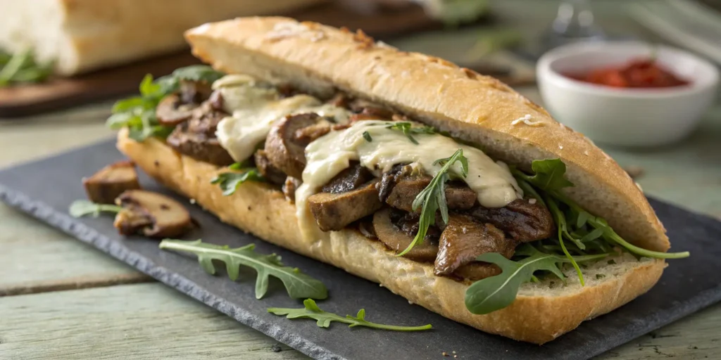 Garlic butter mushroom steak sub with melted Swiss cheese and fresh arugula