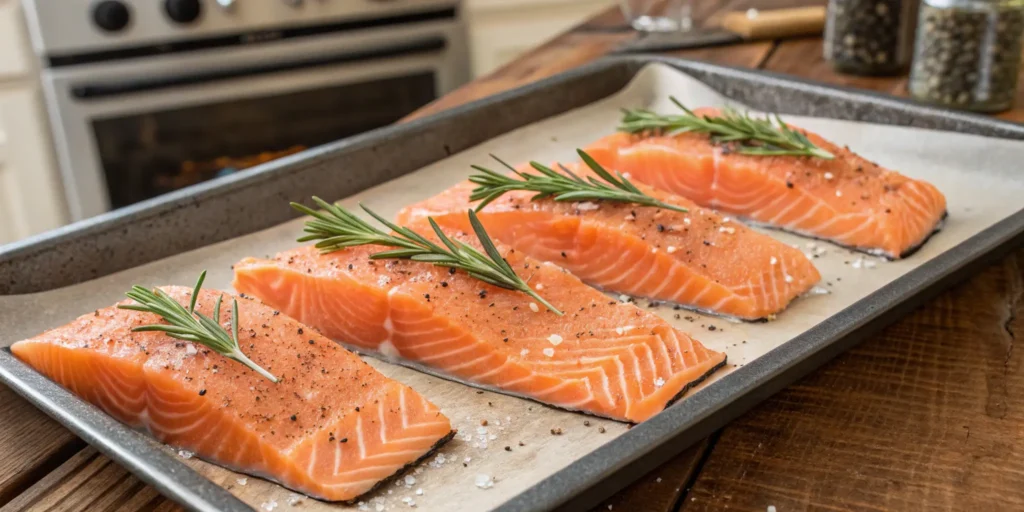 Seasoned salmon steaks arranged on baking tray for oven cooking