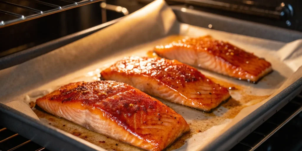 Maple glazed salmon baking in oven on a parchment-lined tray