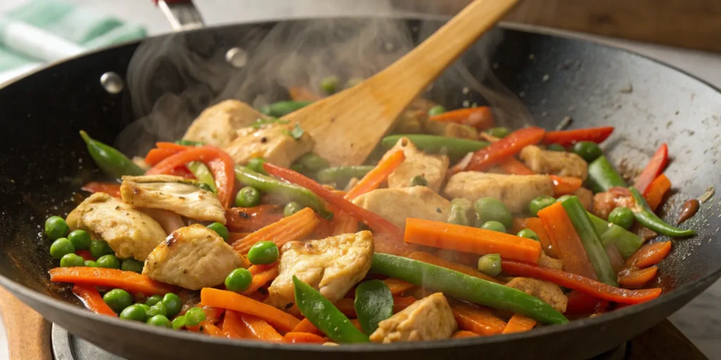 Stir-frying chicken and vegetables for chicken fried rice recipe easy in a wok