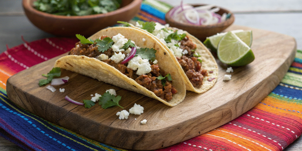 Picadillo recipe Mexican served as a taco with queso fresco and lime