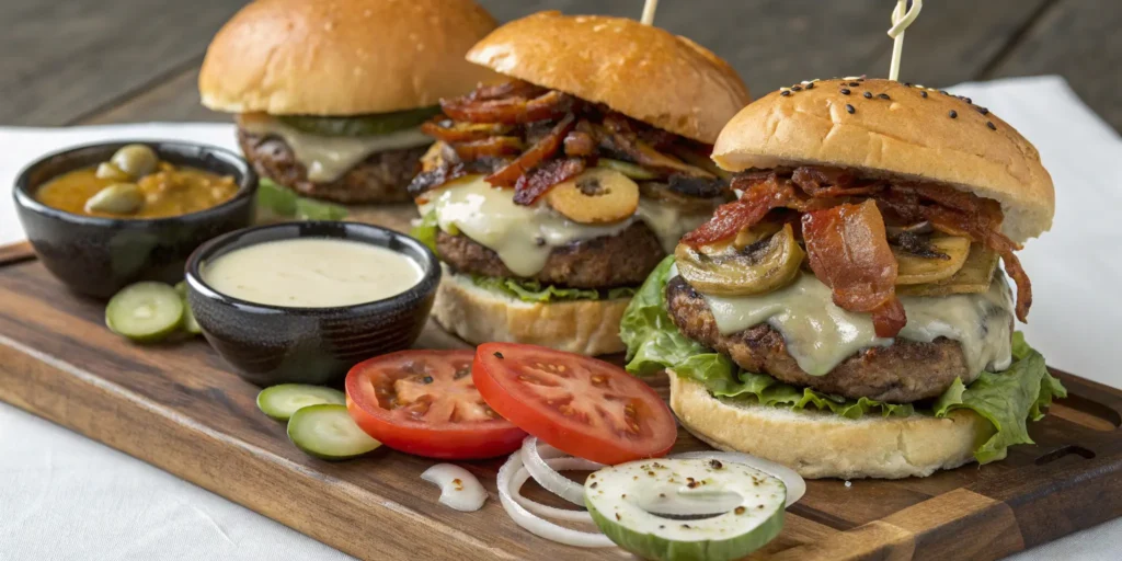 Gourmet grilled hamburger recipe variations on serving platter