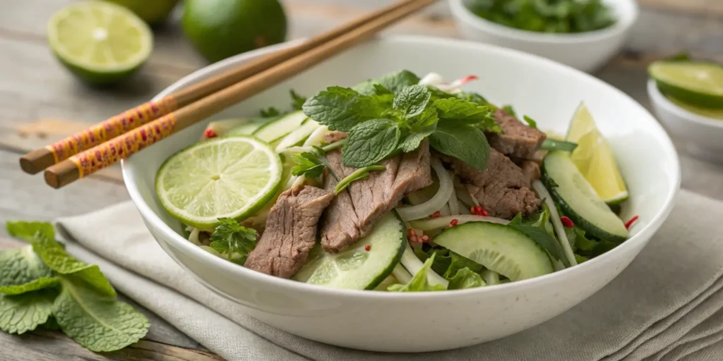 Thai-inspired healthy beef meal with fresh herbs and lime