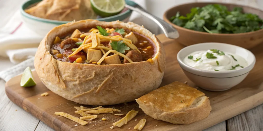 Slow cooker chicken tortilla soup served in a bread bowl with garnishes