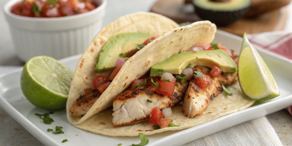 Gluten-free homemade tacos with grilled chicken and avocado