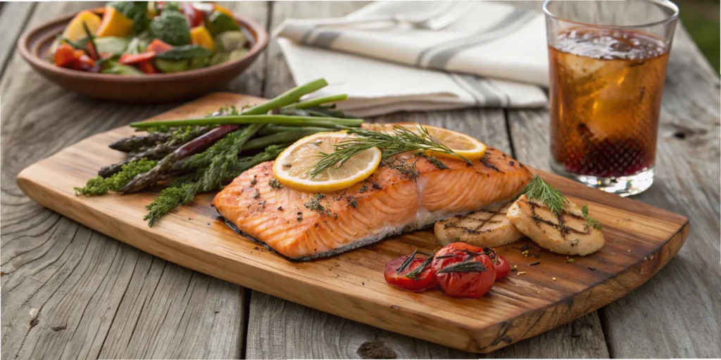 Serving grilled salmon on plank cedar garnished with lemon and herbs on rustic table